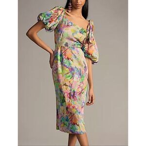 NWT Plenty by Tracy Reese Puff-Sleeve Floral Anthropologie Midi Dress Women's L